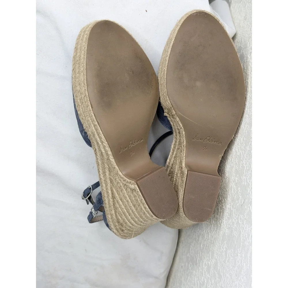 Sam Edelman Espadrille Wedge Sandals Womens Size 7.5 Blue Suede Ankle Strappy